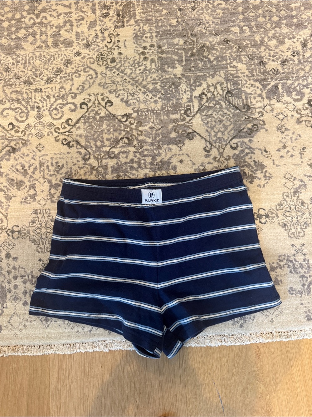 Parke x Maggie & Emma Striped cotton mini shorts